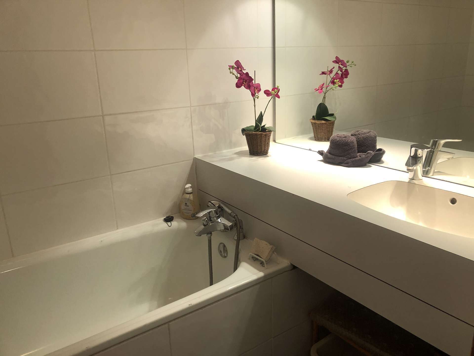 Une salle de bain avec une baignoire blanche, un lavabo et deux orchidées en pot posées sur le comptoir.