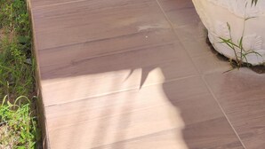 Un patio con un banco de madera y plantas en macetas.