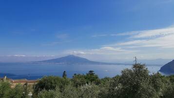 Paesaggio costiero con una montagna all'orizzonte, cielo sereno e vista sul mare.