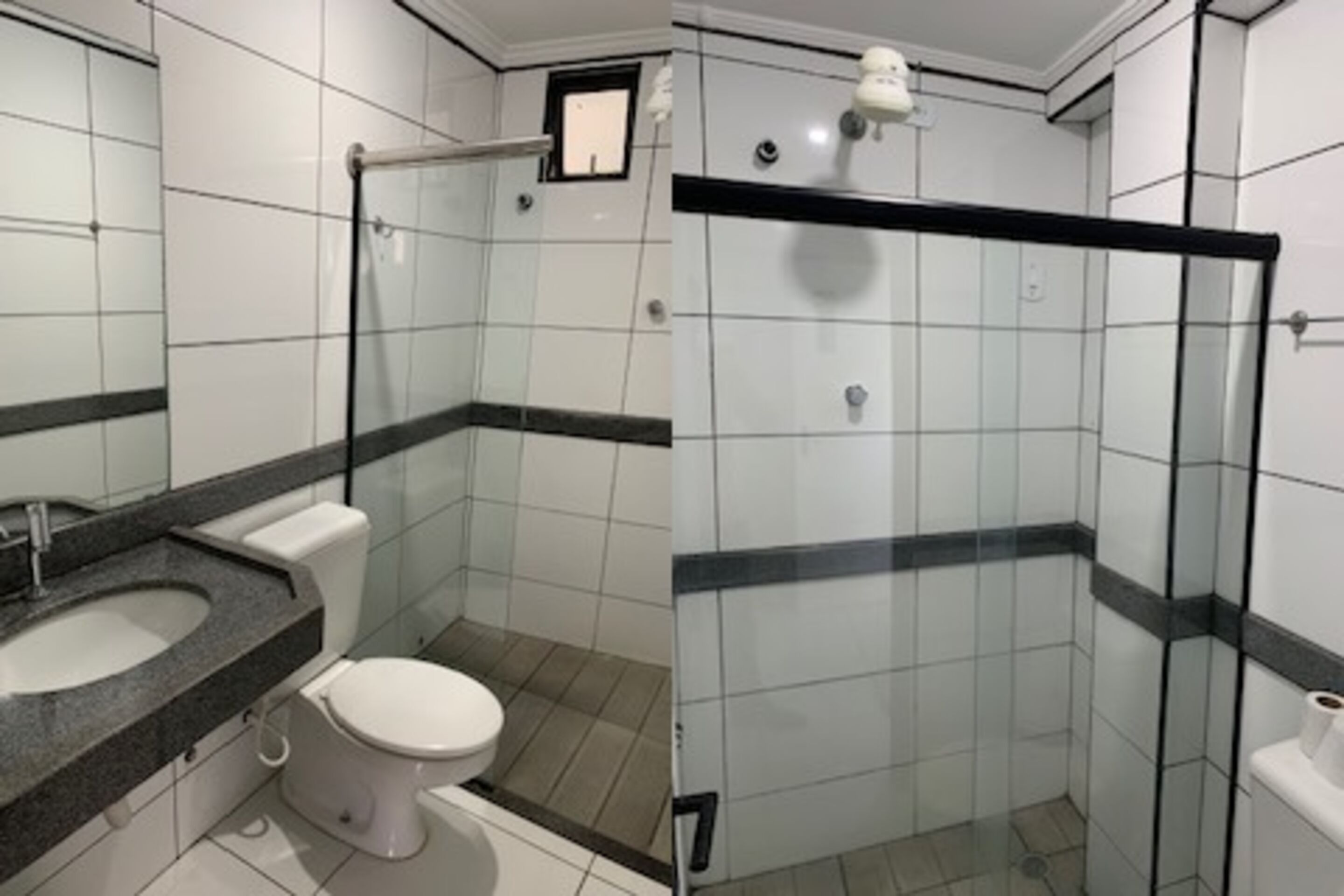 Chuveiro, produtos de toalete grátis, toalhas de banho, papel higiênico