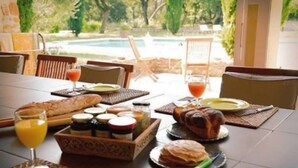 A breakfast table with bread, pastries, and condiments, overlooking a pool. - Domaine du Commandeur (Mondragon)