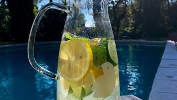 Seasonal outdoor pool, pool loungers