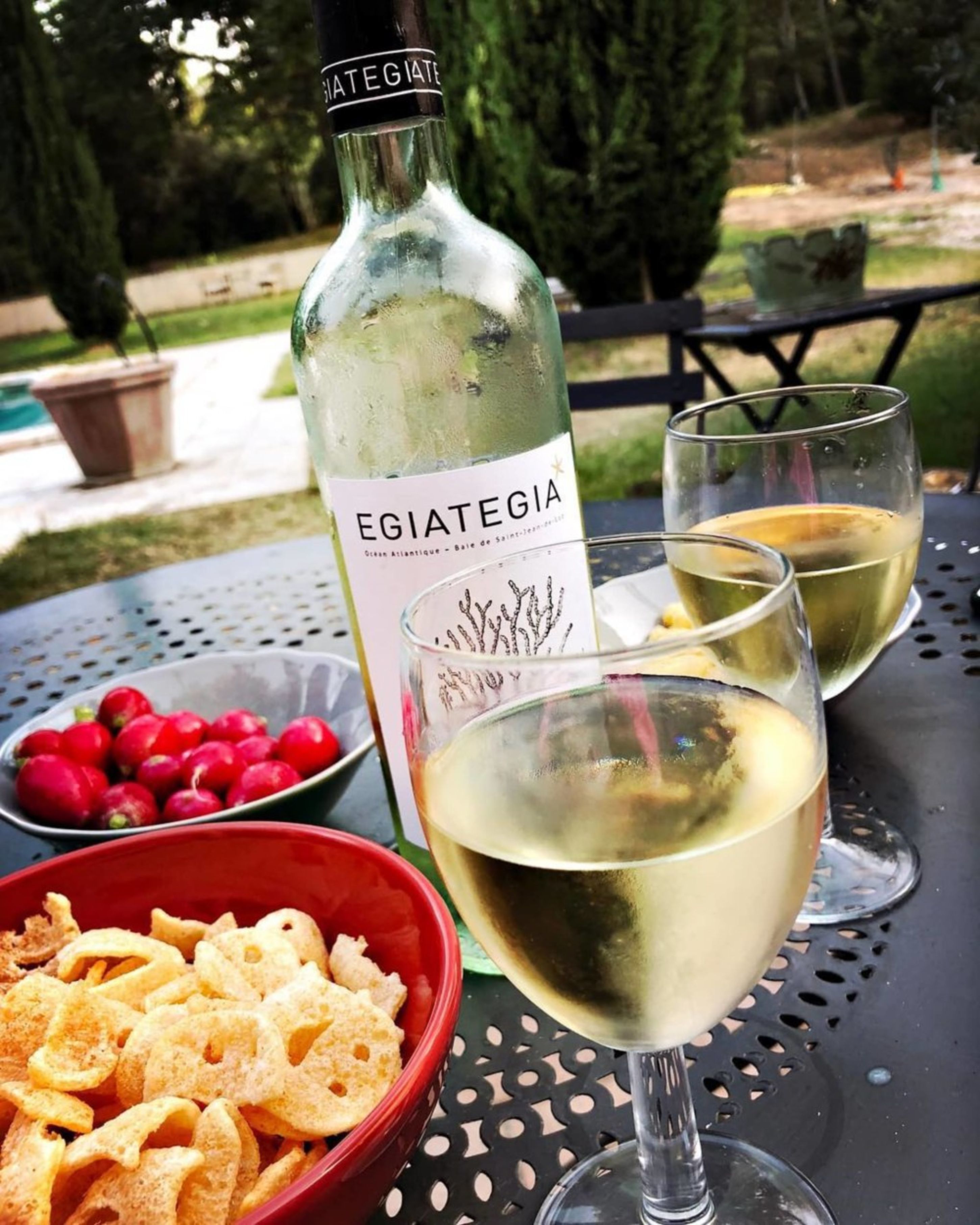 A bottle of Egiategia wine, two glasses of white wine, a bowl of red berries, and a bowl of potato chips on a table outdoors.