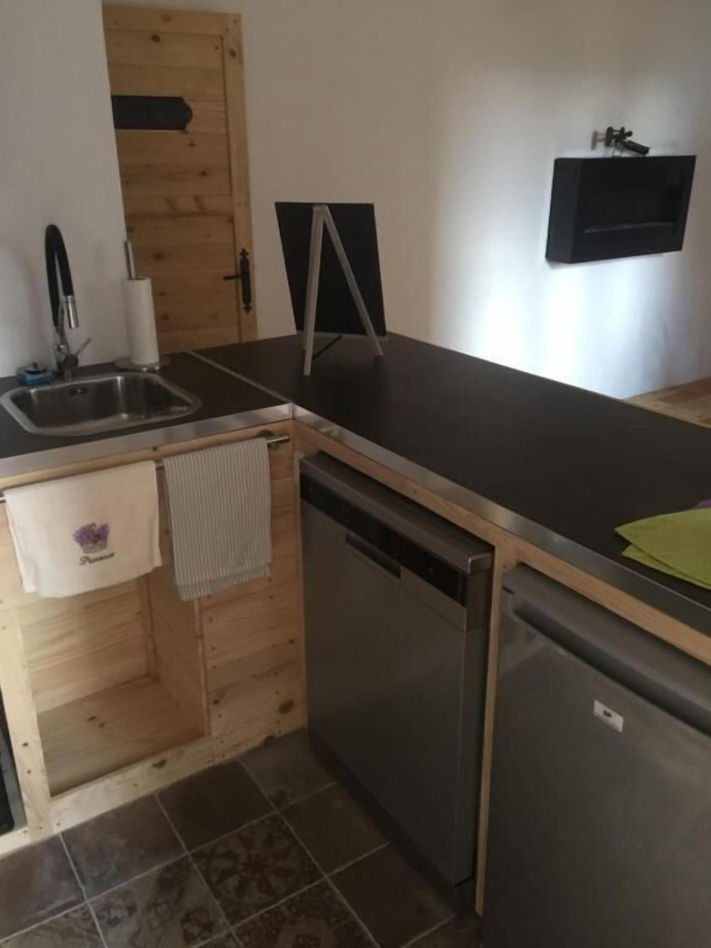 Cocina compacta con un lavamanos, lavavajillas y refrigerador.