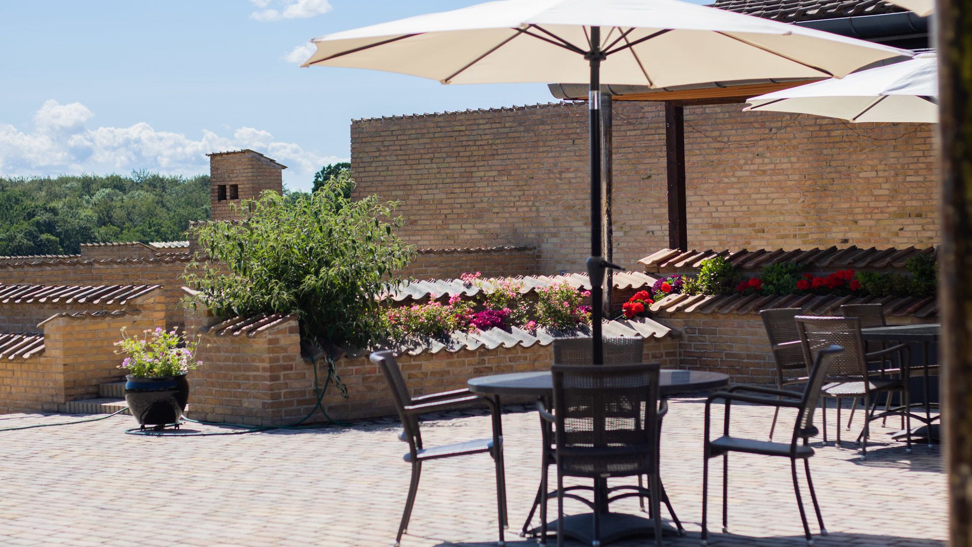 An outdoor patio area with brick walls, terracotta roof tiles, and potted plants.
