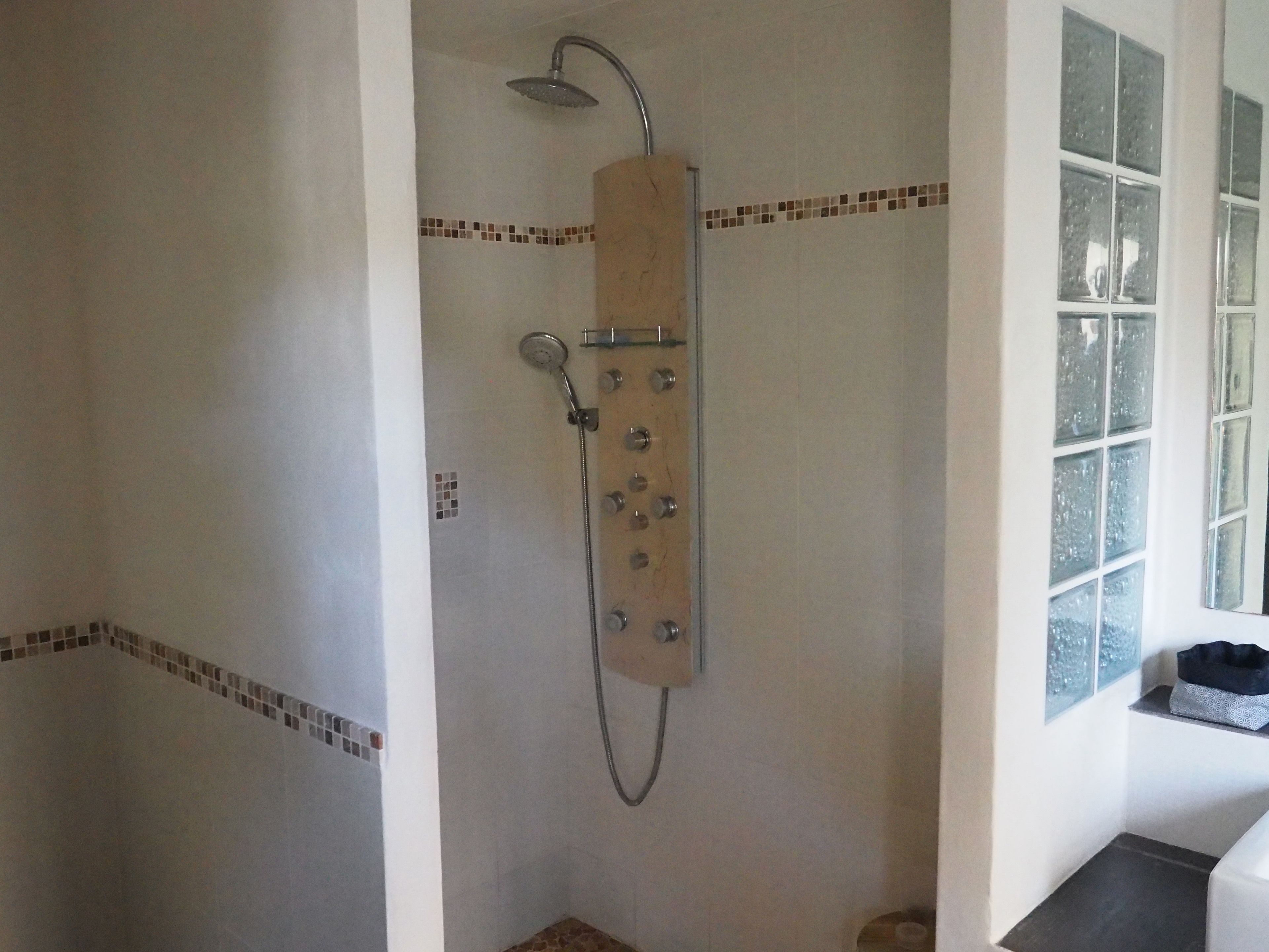 Une douche équipée d’un pommeau de douche à main et d’un panneau de commande fixé au mur.