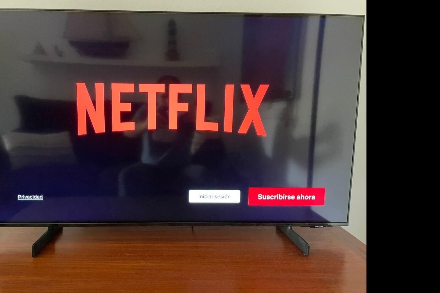 Uma televisão com o logotipo da Netflix na tela, opção de privacidade e botão para iniciar uma sessão.