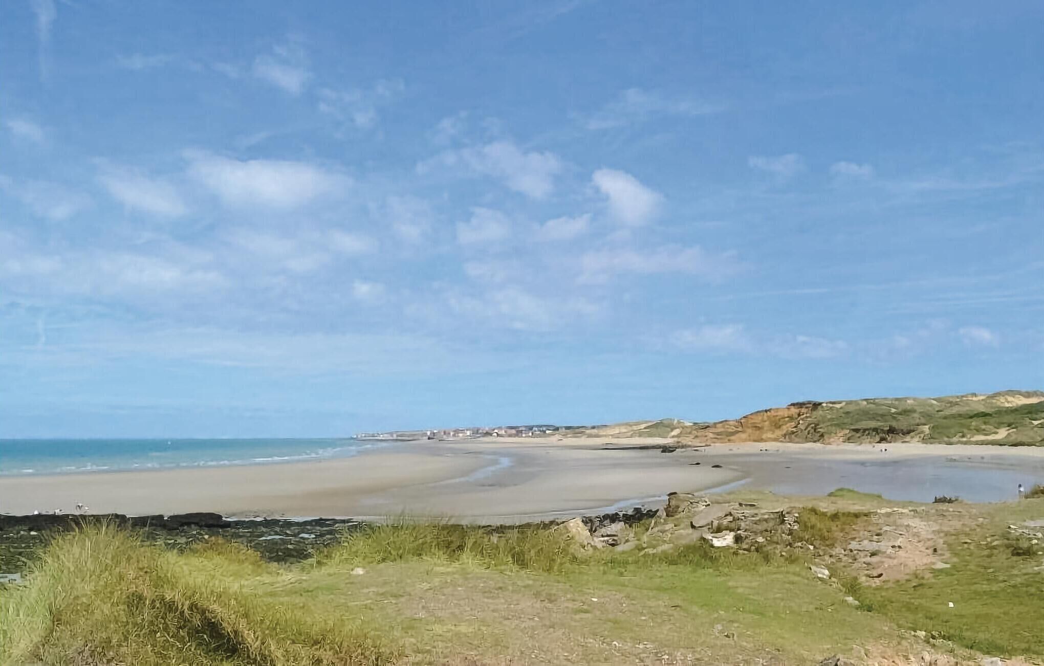 Een kustlandschap met een zandstrand, begroeiing en een heldere lucht.