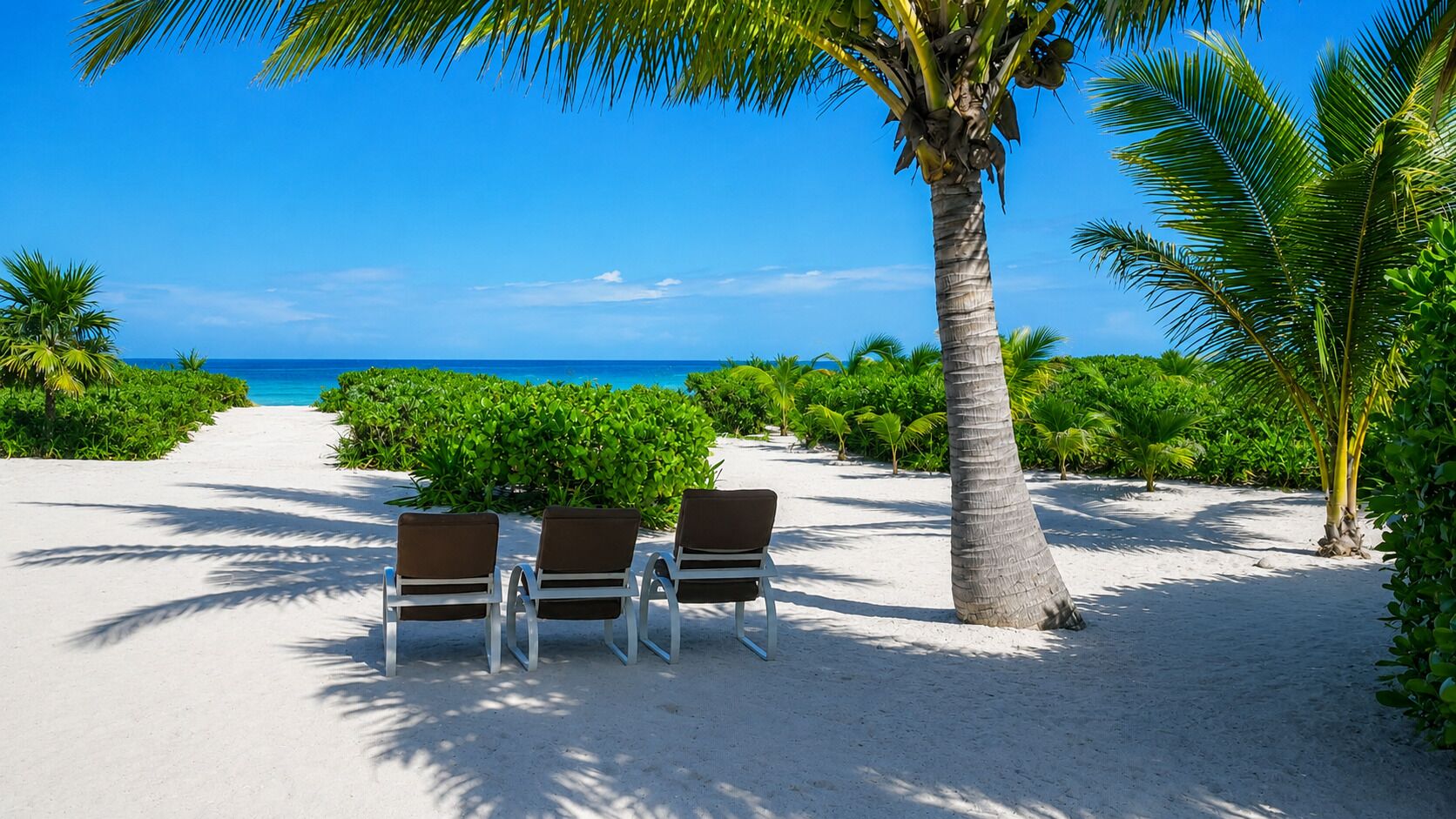 Een strandpad met drie stoelen en een palmboom.