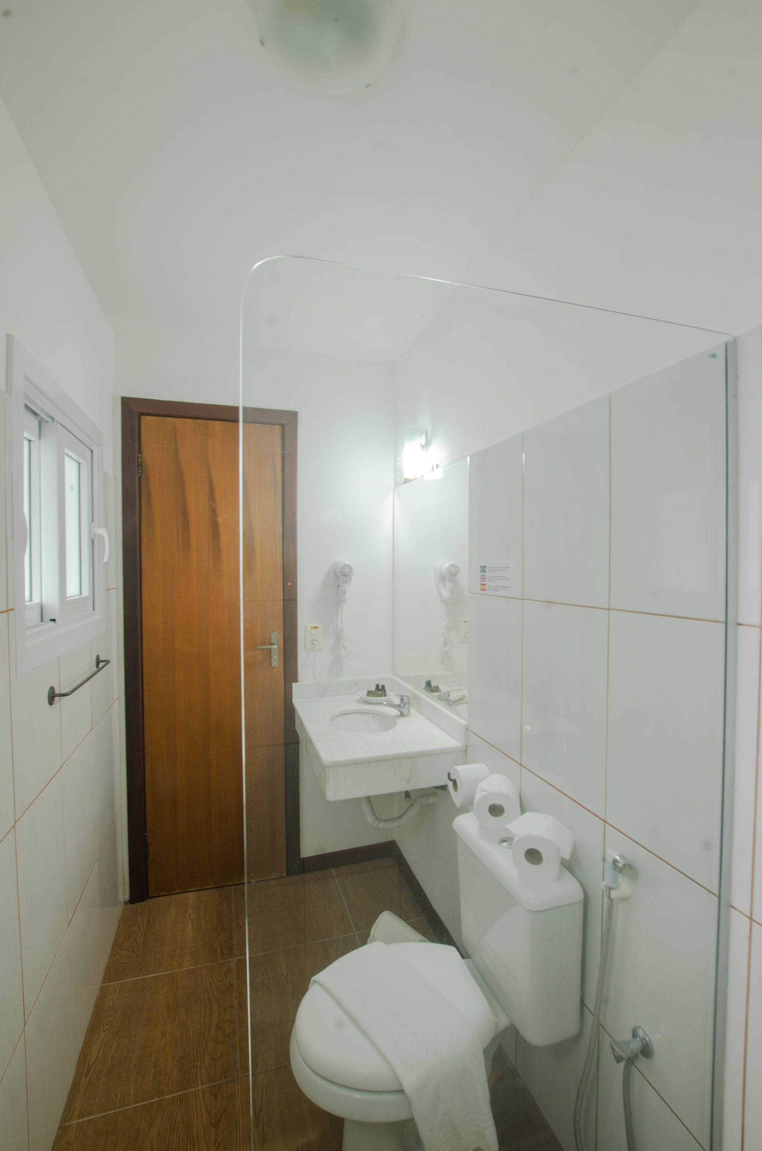 superior double room | bathroom | shower, hair dryer, towels