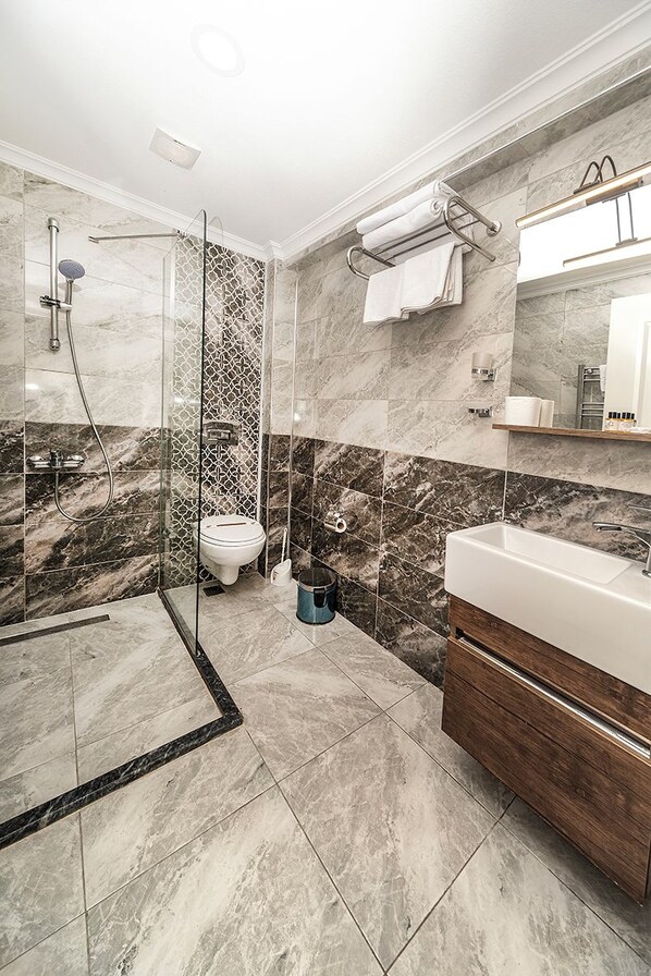 A modern bathroom with a glass-enclosed shower, a toilet, and a vanity with a mirror.