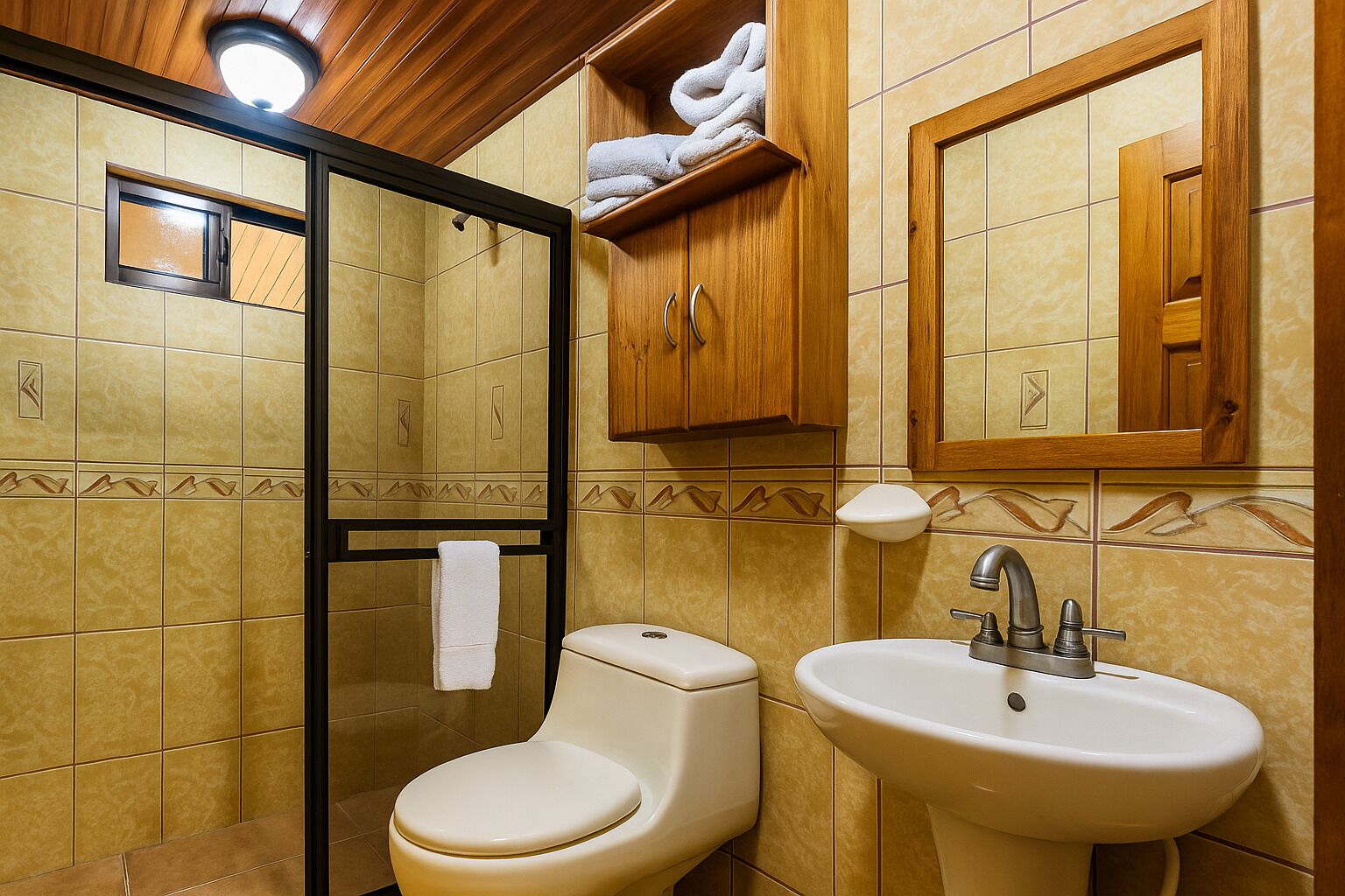 Baño con inodoro, lavamanos y ducha. Hay un perchero con toallas y un espejo sobre el lavamanos.