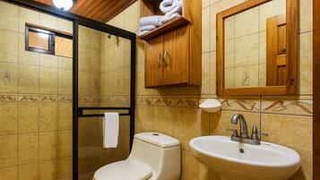 Baño con inodoro, lavamanos y ducha. Hay un perchero con toallas y un espejo sobre el lavamanos.