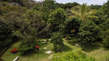 A lush garden with various trees and shrubs, a red bench, and a pathway.