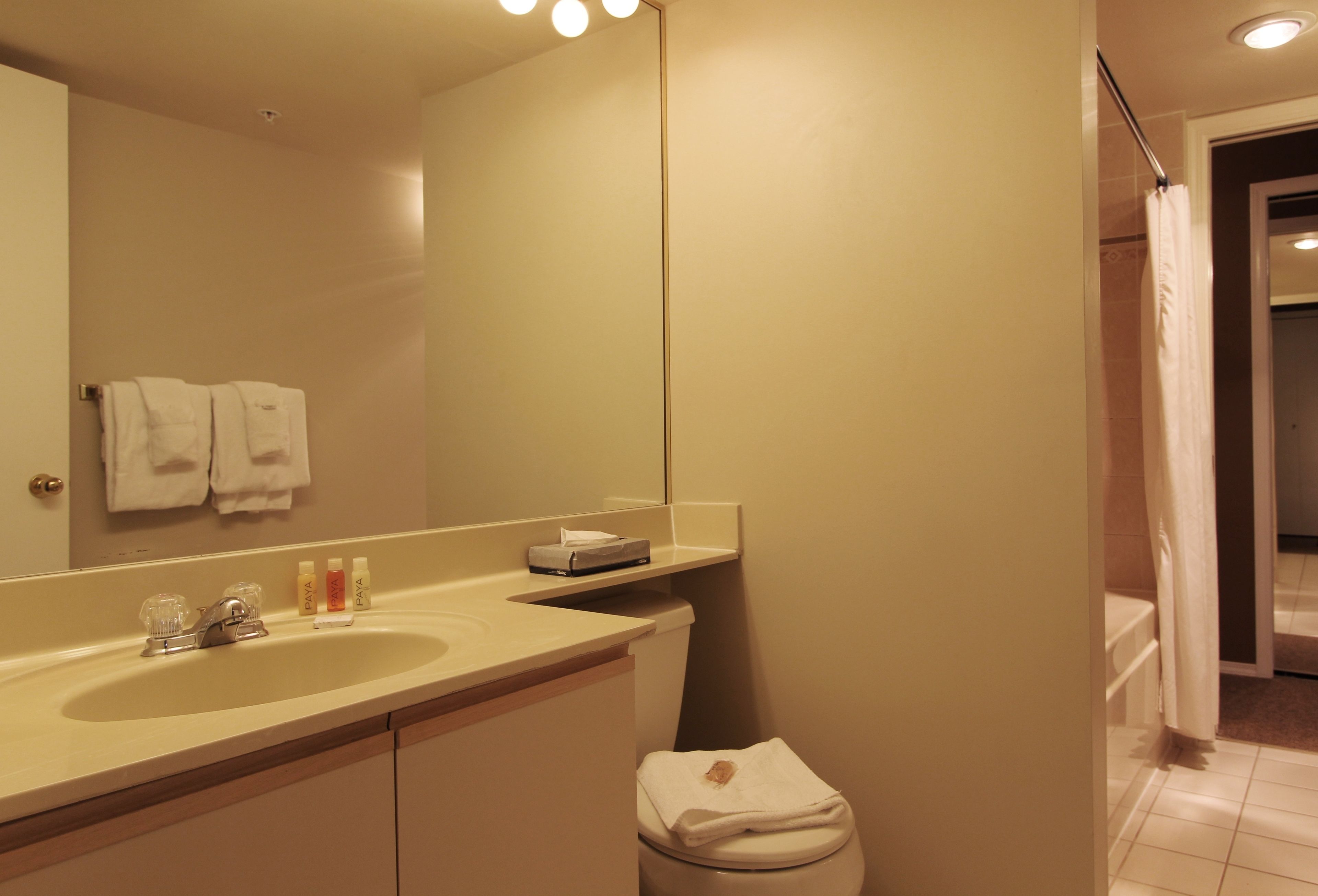 Un baño con lavabo, espejo e inodoro.