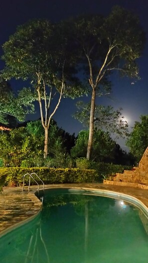 A swimming pool with a stone edge, surrounded by trees and a stone wall.