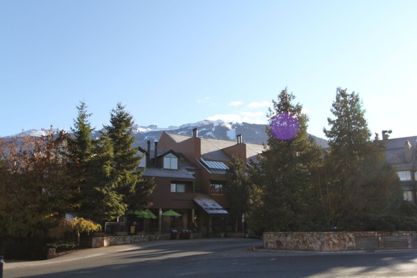 Un hotel con el paisaje de una montaña al fondo, que presenta fachada de piedra, toldo verde y cielo despejado.