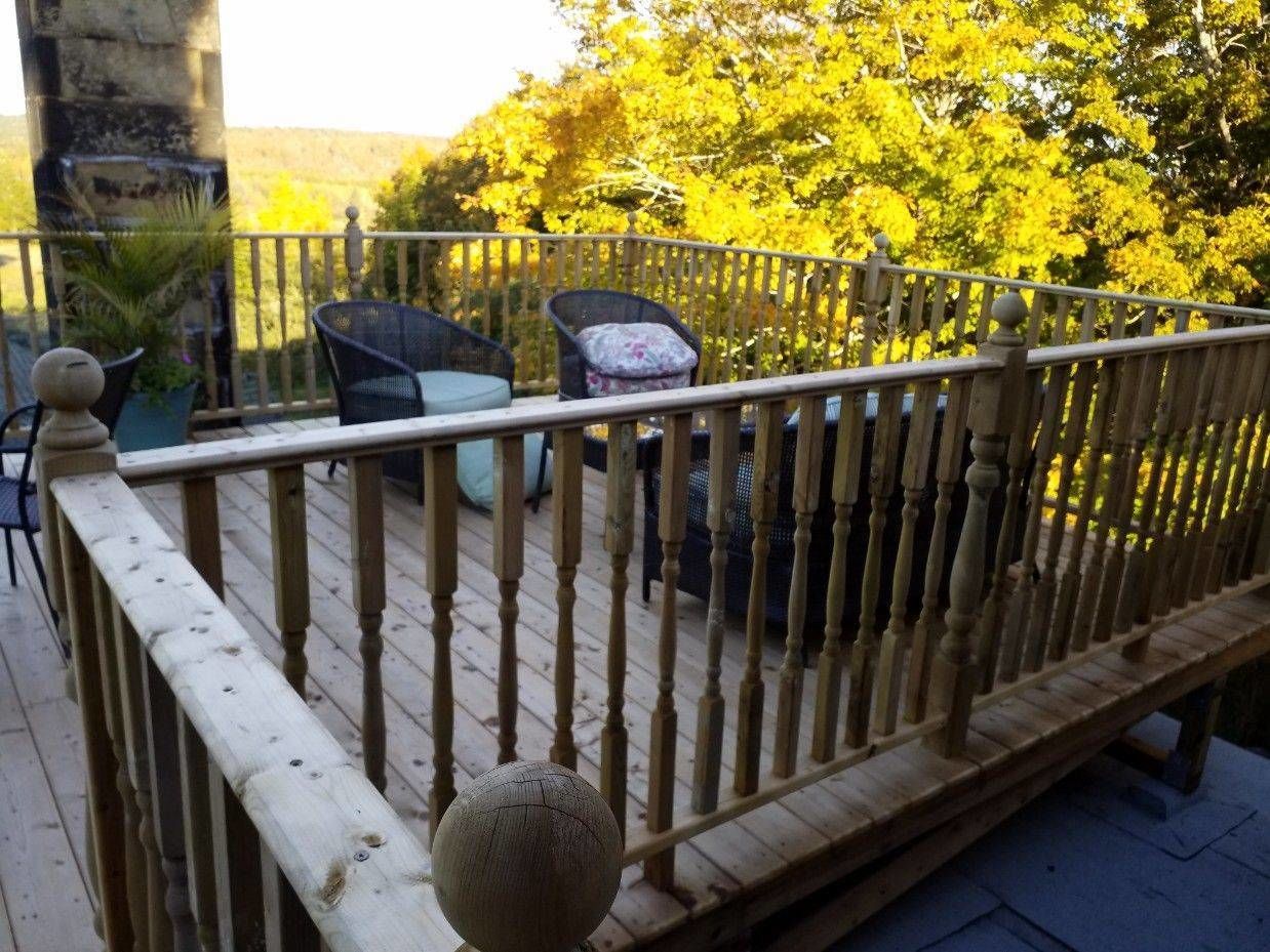 A wooden deck with a railing, two wicker chairs, and a potted plant.