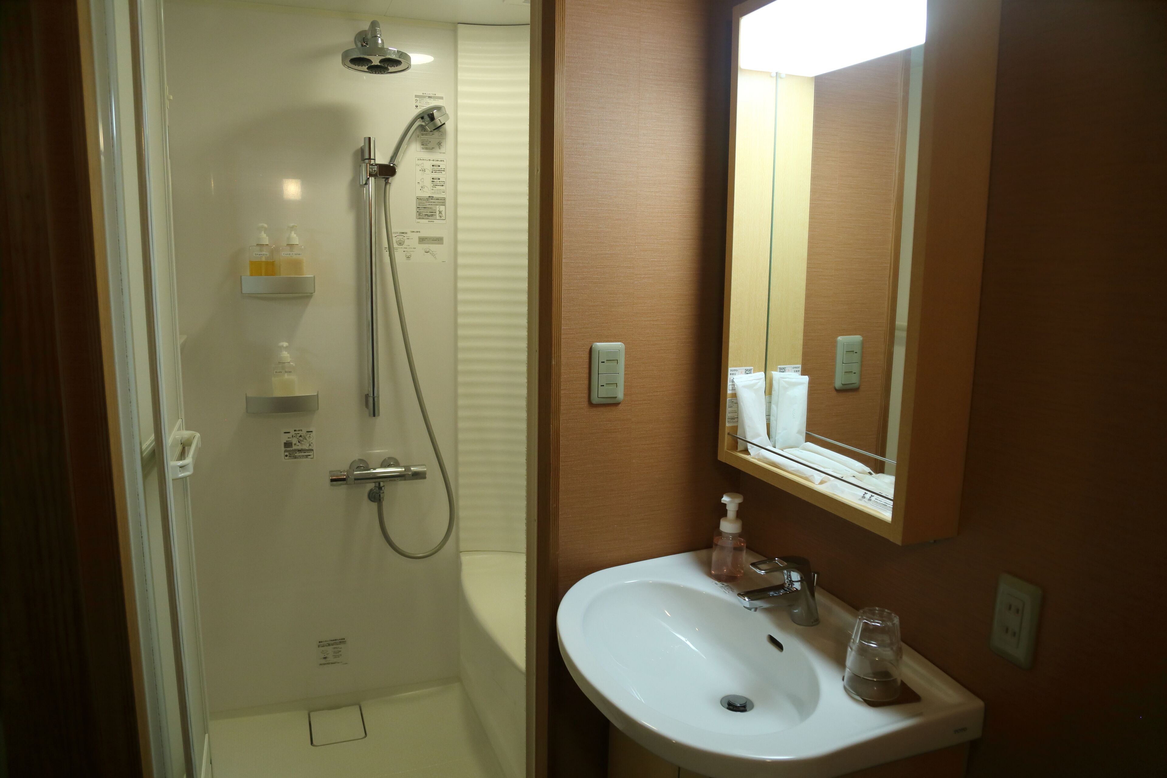 A bathroom with a glass-enclosed shower, a white sink, and a mirror above it.