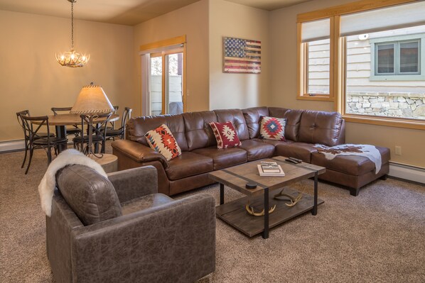 Smart TV, fireplace, books, stereo