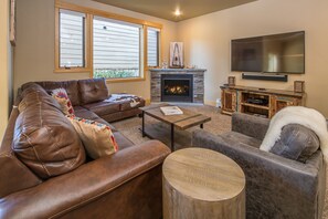 Smart TV, fireplace, books, stereo