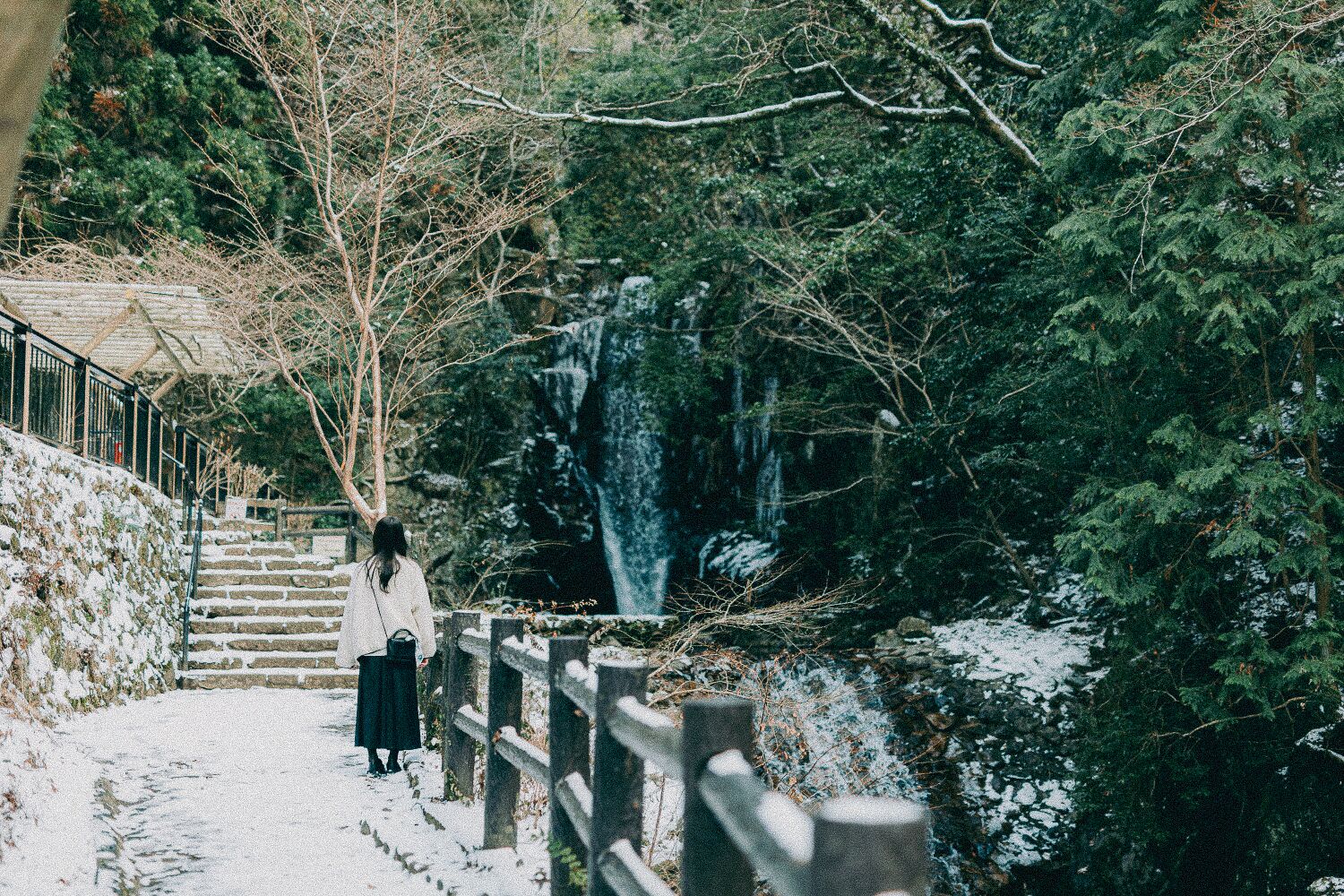 Ein verschneiter Pfad führt zu einer Holztreppe, umgeben von dichten Bäumen und einem Wasserfall im Hintergrund.