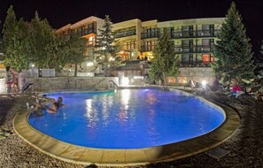 Indoor pool, outdoor pool, pool umbrellas, pool loungers