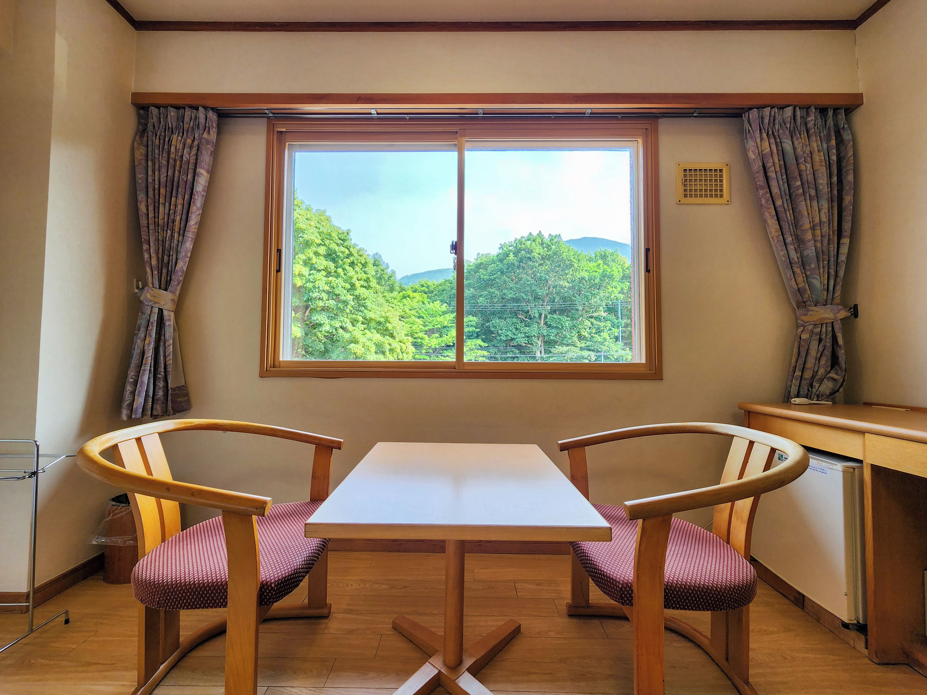 A room with a wooden table and two chairs, a window with curtains, and a view of greenery outside.