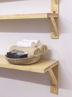 Shower, rainfall showerhead, hair dryer, slippers
