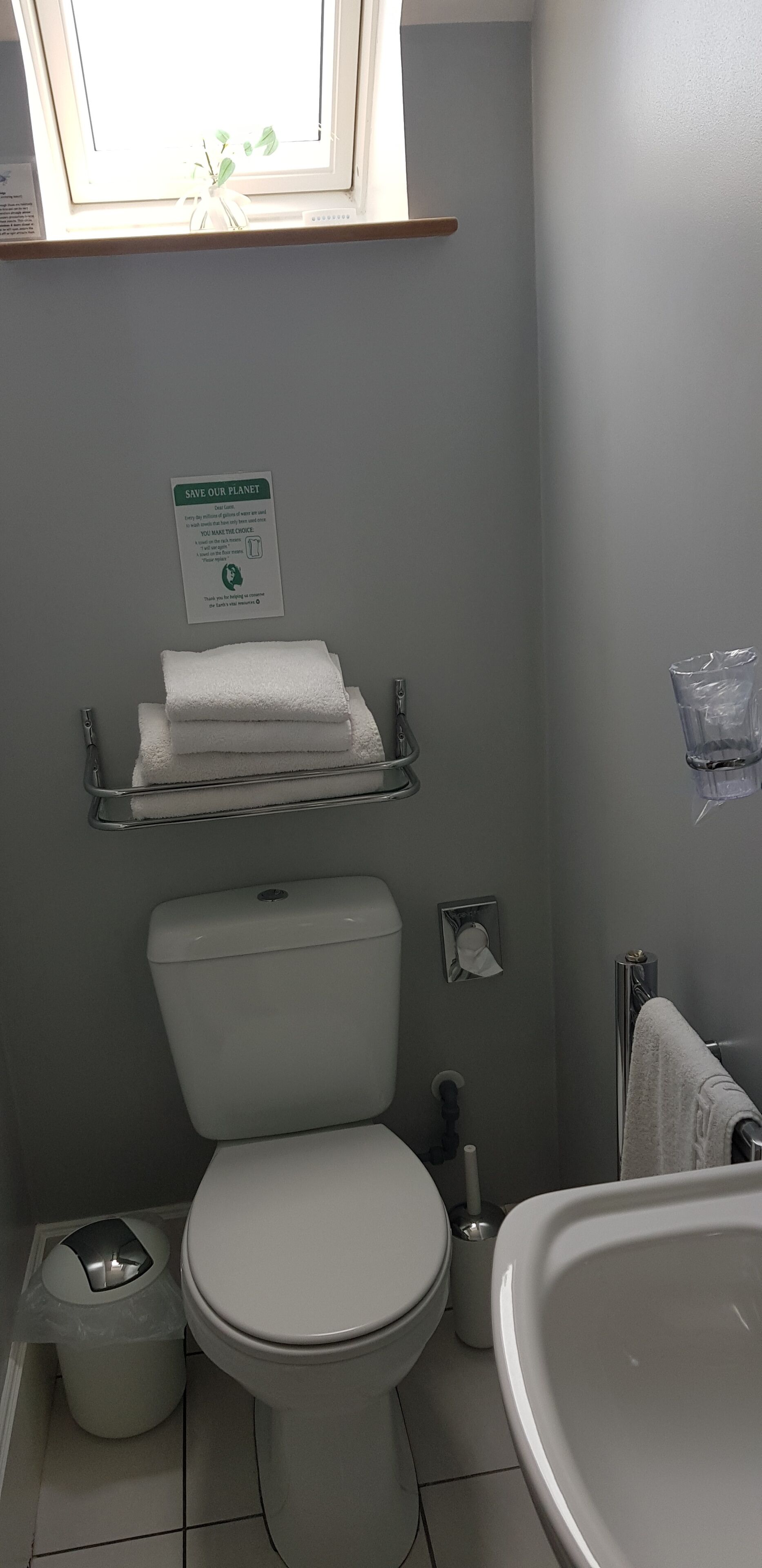 A small, modern bathroom with a toilet, a sink, and a window above the toilet. There is a 'Save Our Planet' sign on the wall.