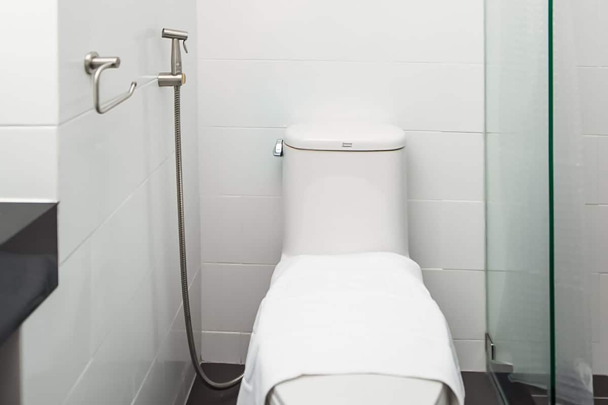 A modern bathroom with a glass shower enclosure, a white toilet, and a black countertop.