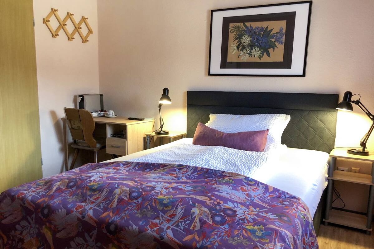 A hotel room with a bed, a desk, a chair, a nightstand, and a wall-mounted picture.