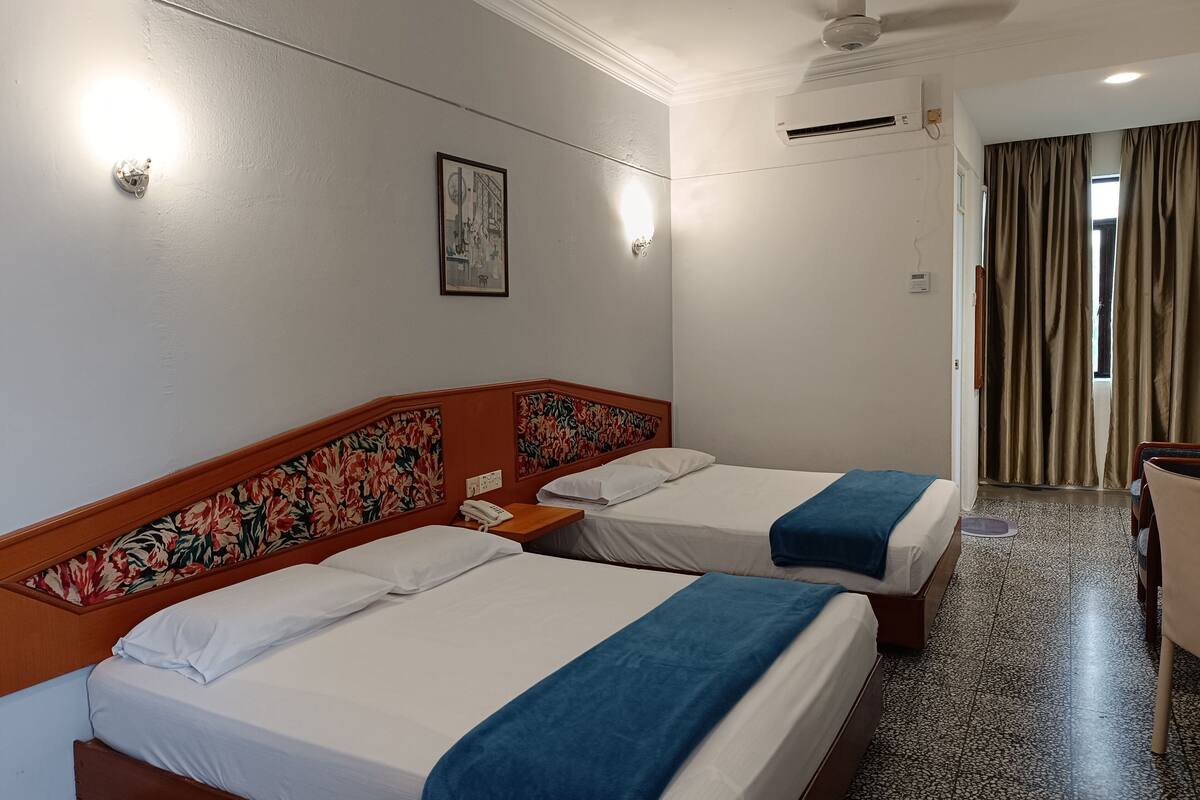 Habitación de hotel con dos camas, un ventilador de techo, un equipo de aire acondicionado, un cuadro en la pared y vistas al exterior a través de una ventana con cortinas.