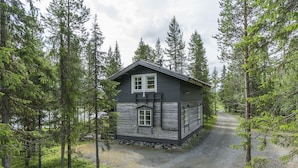 A cabin with a stone foundation, wooden walls, and a gravel driveway surrounded by dense forest.