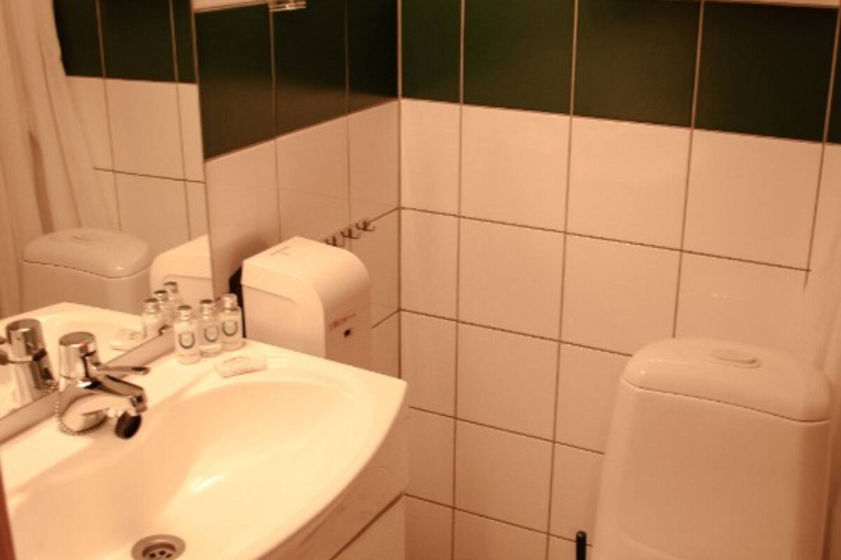 single room | bathroom | shower, hair dryer, soap, shampoo