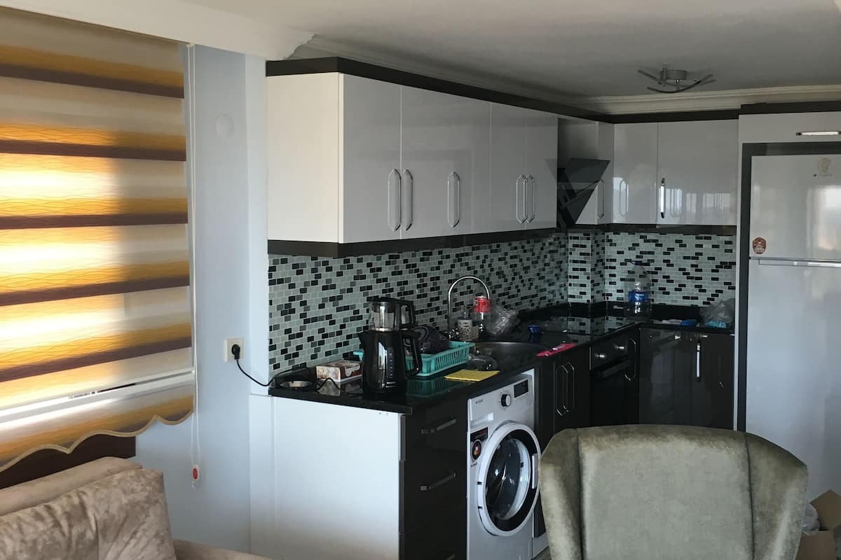 A compact living space with a kitchenette, a washing machine, a sofa, and a chair.