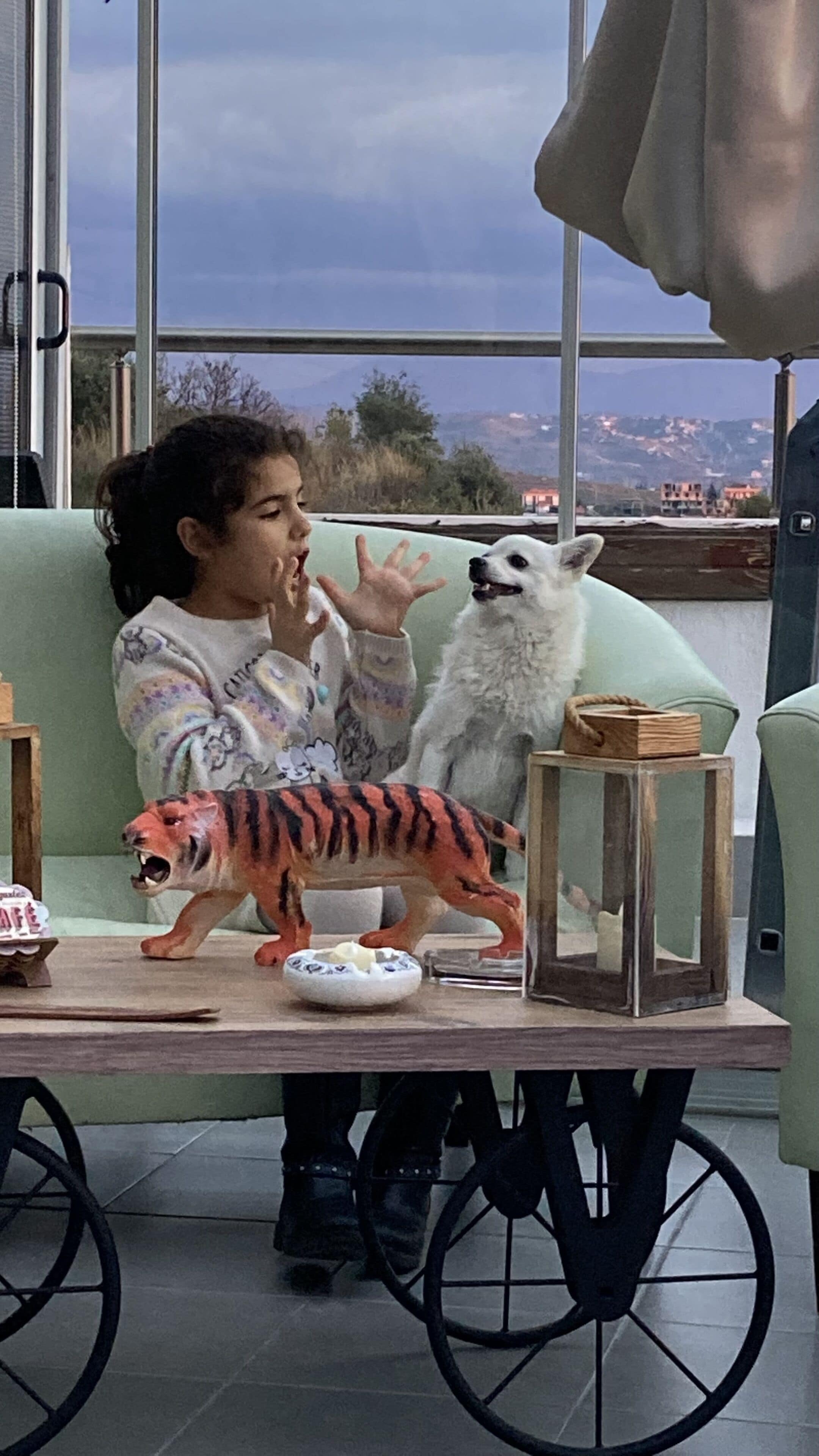 Une personne assise à une table, avec un tigre en peluche et un chien.