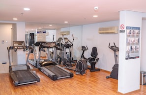 Ett gym med olika konditionsträningsmaskiner, en vägg med speglar och en skylt som förbjuder rökning.