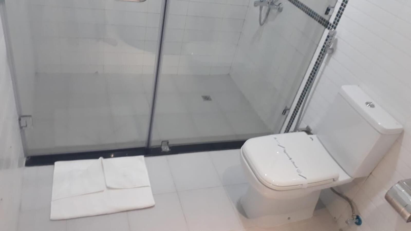 Une salle de bain avec une douche à parois de verre, des toilettes blanches et un porte-serviettes.