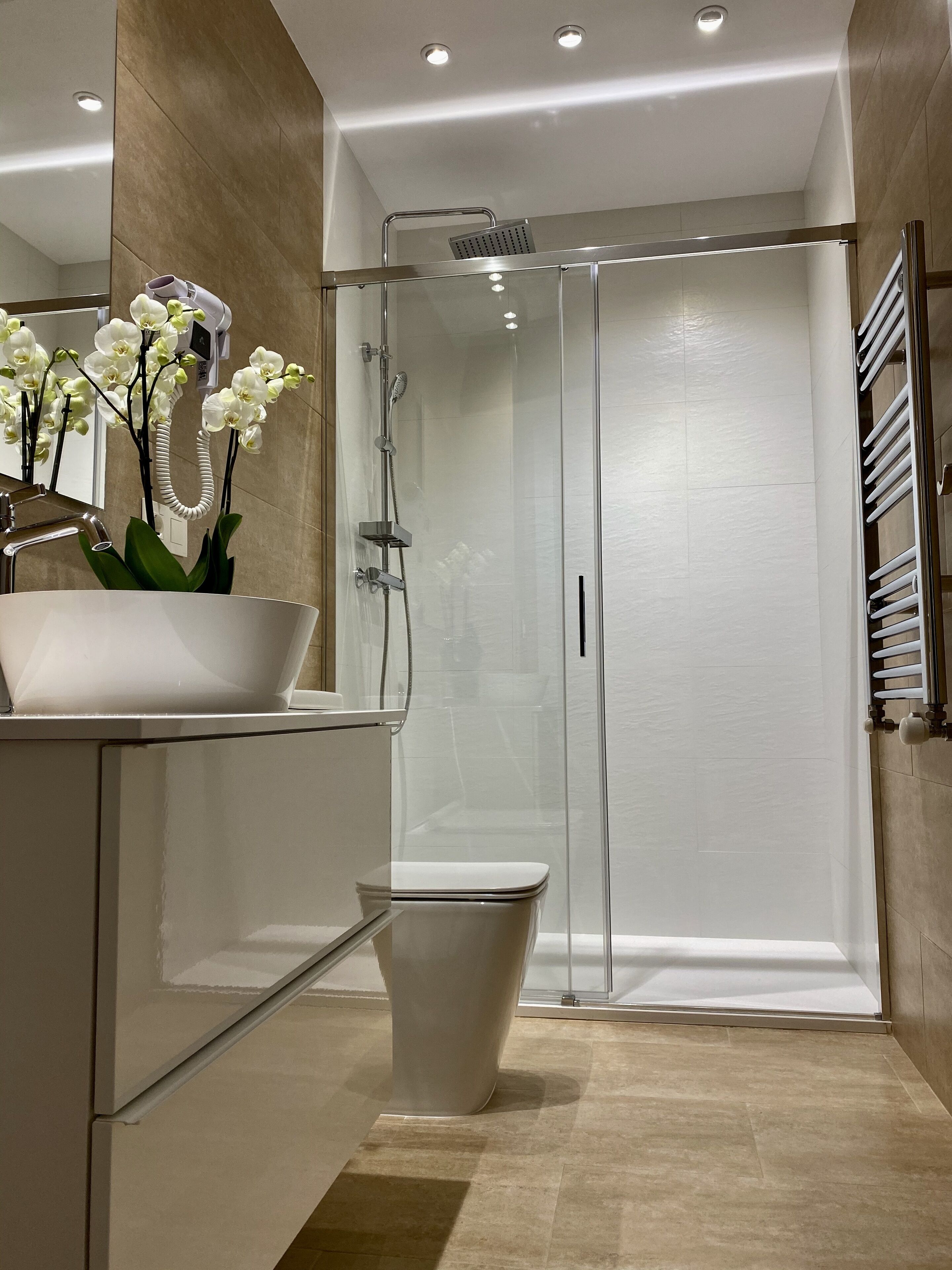 Un baño moderno con ducha vidriada, un lavamanos blanco con cuenco y un inodoro.