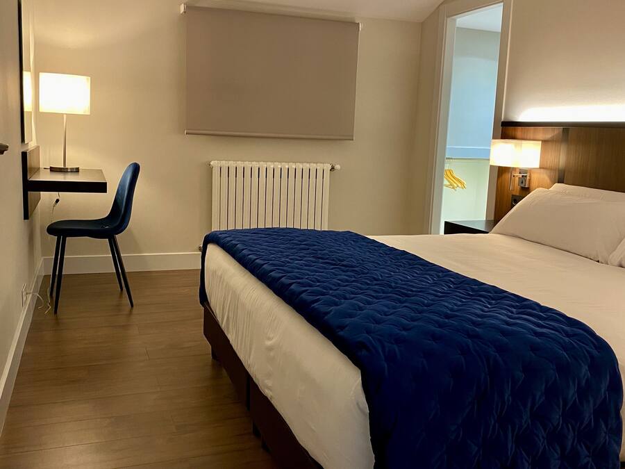 Une chambre d’hôtel avec un lit, une chaise, un bureau, un radiateur et une fenêtre.