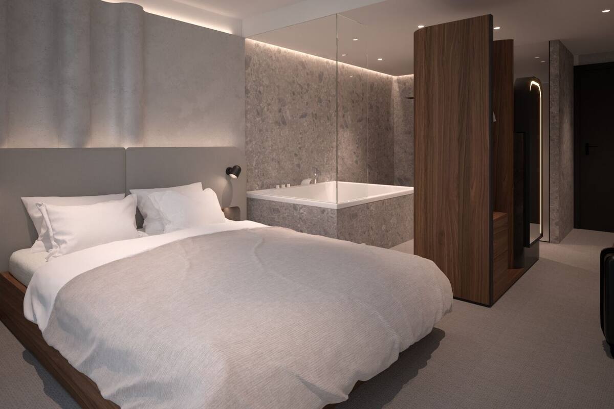 Quarto casal luxo | Lençóis italianos Frette, roupas de cama premium, edredons de pluma
