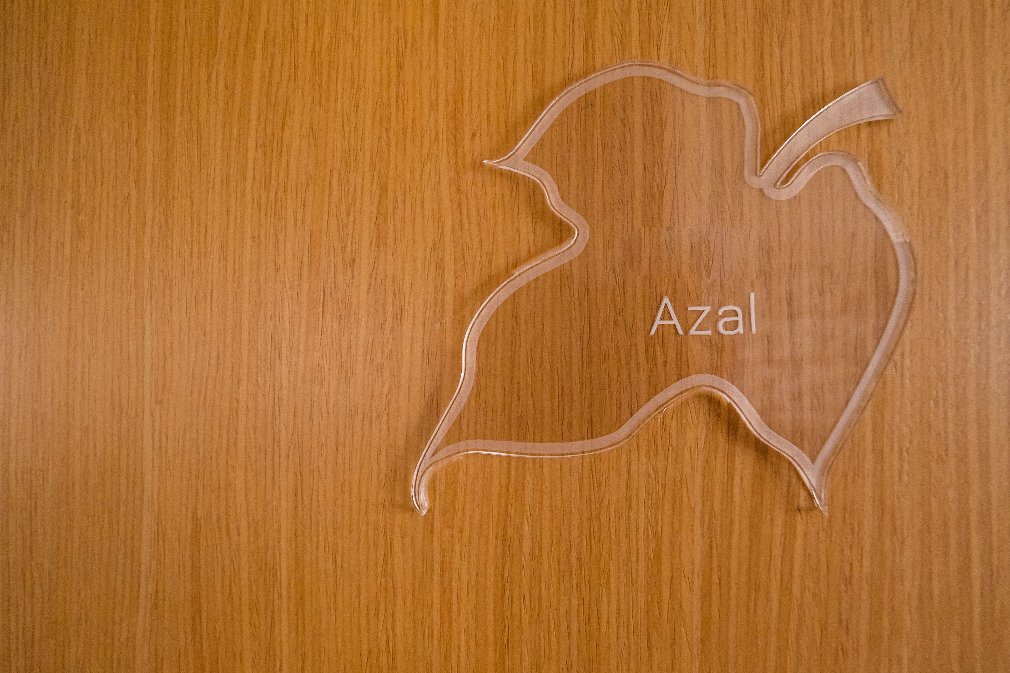 Une surface en bois présentant un contour bien défini en forme d’ours, et le mot « Azal » inscrit à l’intérieur.