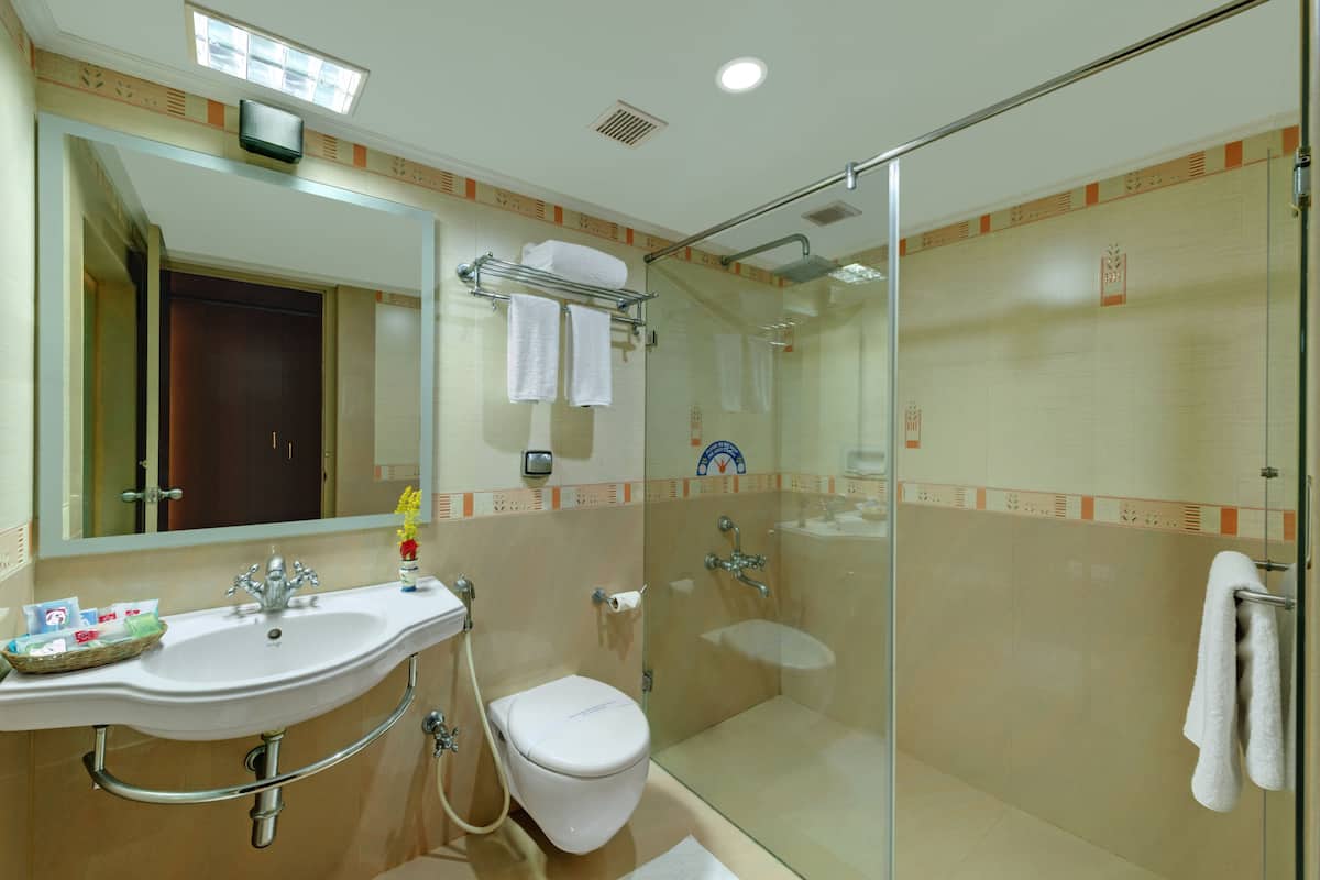 shower, rainfall showerhead, free toiletries, towels