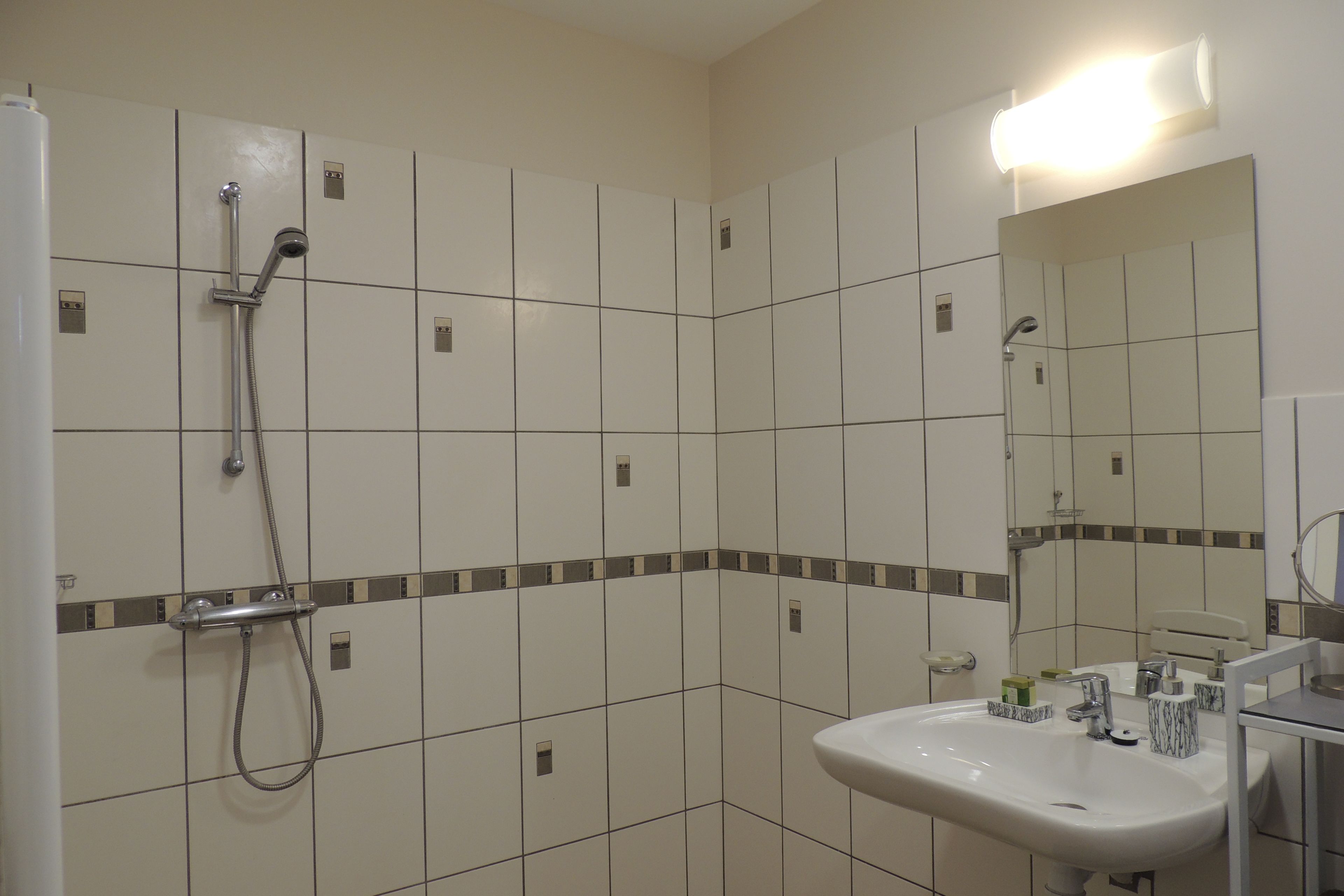 Un baño con ducha, lavamanos y espejo.