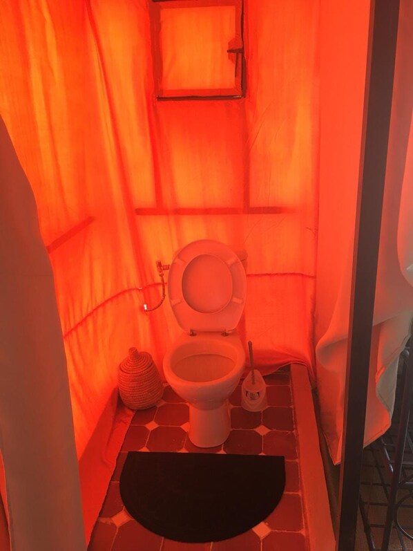 Un baño con inodoro, un pequeño cubo de basura y un tapete negro en el suelo.
