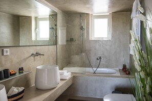 Private Villa On The Beach | Bathroom | Hydromassage showerhead, designer toiletries, hair dryer, slippers - Domus Aqua, Member of Domus Elegance Collection (Chania)