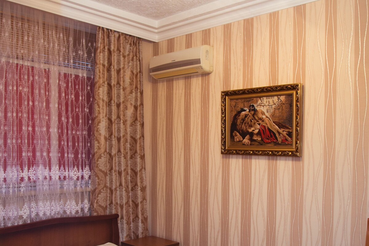 Habitación de hotel con dos camas, una lámpara de techo, un equipo de aire acondicionado, un cuadro en la pared y una silla.