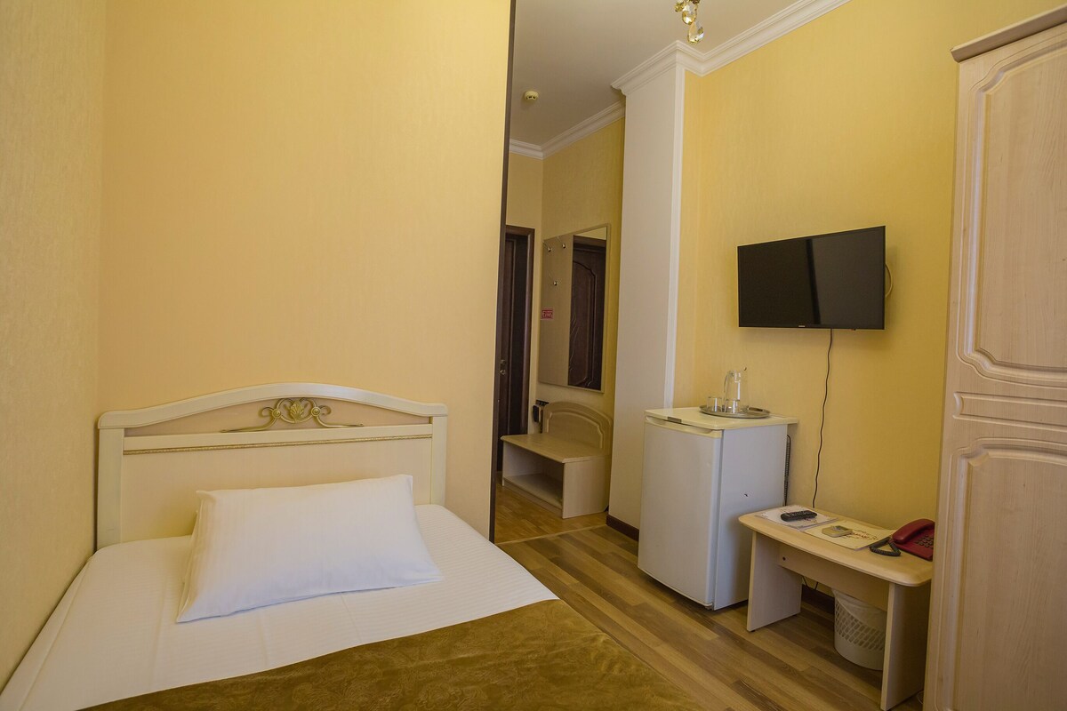 Una habitación de hotel con cama, escritorio, teléfono, televisión y un refrigerador pequeño.