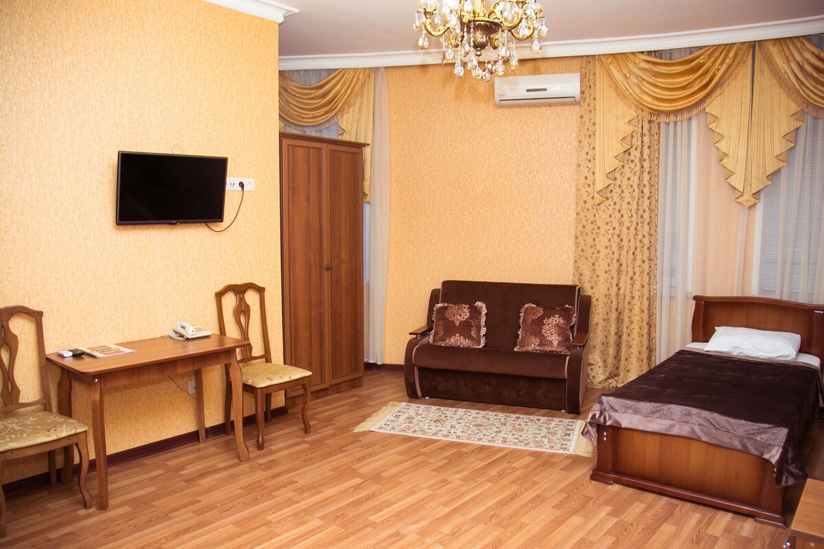 Habitación de hotel con suelo de madera, una cama, un sofá, un televisor, un escritorio con una silla y un armario.